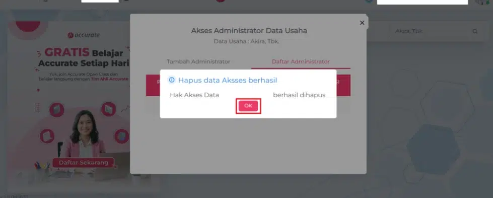 Tampilan pesan informasi hapus data akses berhasil