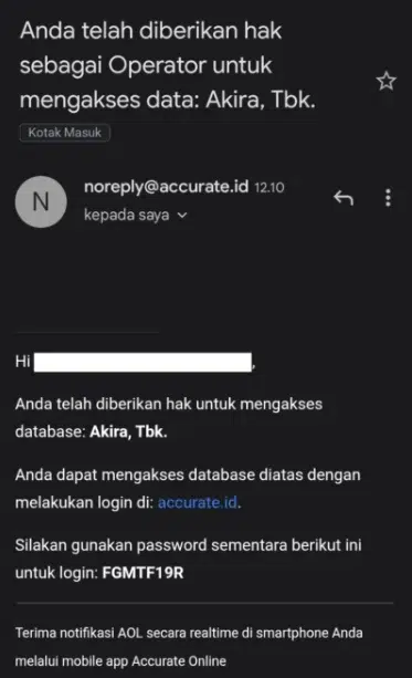 Tampilan email untuk pengguna yang belum memiliki akun Accurate Online