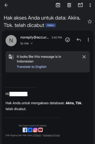 Email notifikasi hak akses telah dicabut