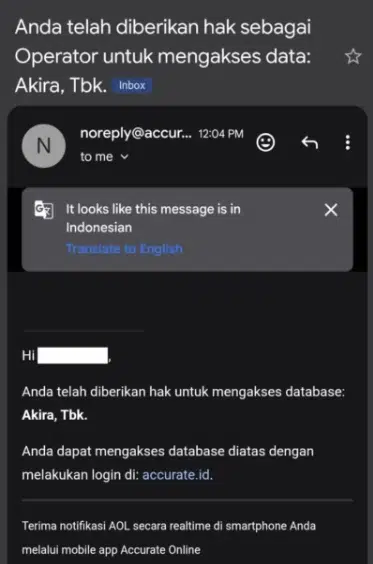 Tampilan email untuk pengguna yang sudah memiliki akun Accurate Online