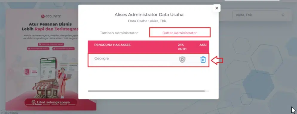 Klik Hapus pengguna accurate