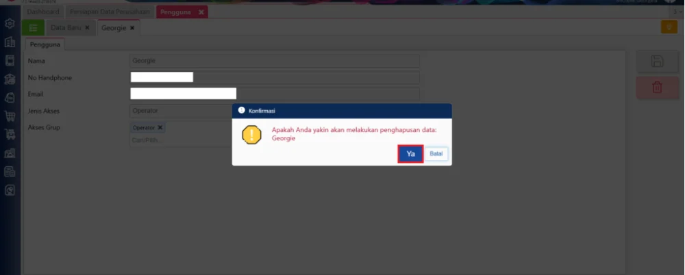 Tampilan pesan konfirmasi saat hapus pengguna