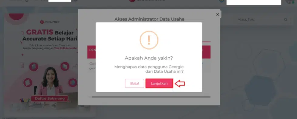 Tampilan pesan konfirmasi saat hapus pengguna