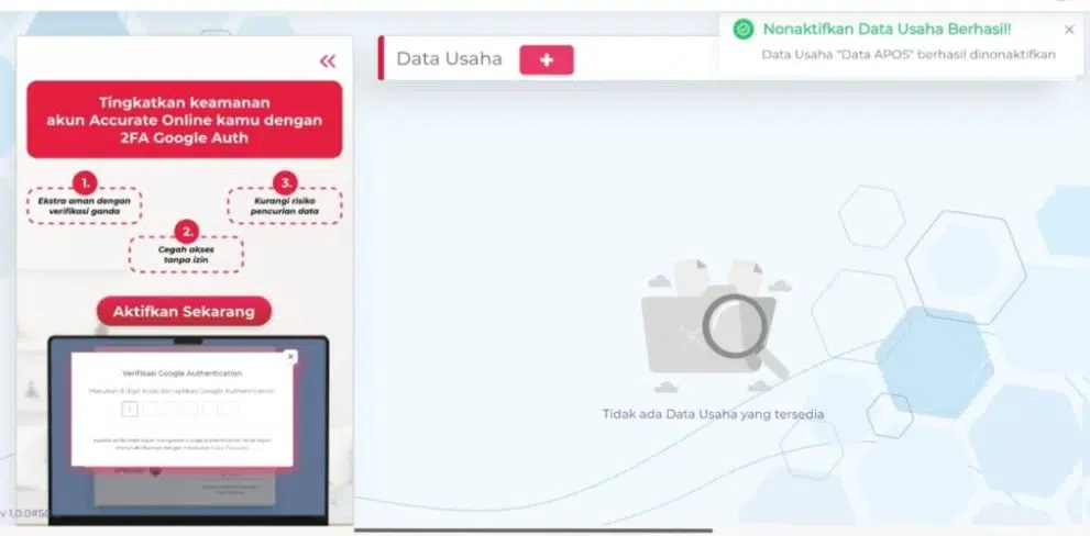 Nonaktifkan Data Usaha Berhasil